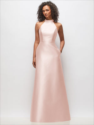 Light pink satin high-neck dress with fitted waist and sleeveless bodice