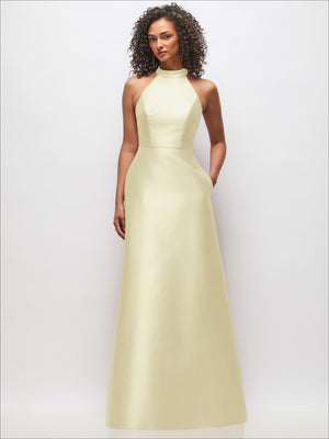 Light yellow satin high-neck cutout back dress, sleeveless front view.