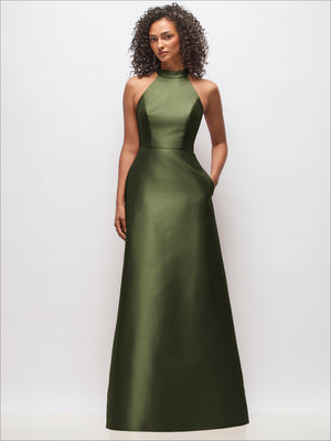 Satin high-neck cutout dress, sleeveless, olive green, A-line skirt