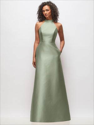 Satin high-neck cutout dress, sleeveless, sage green, A-line skirt