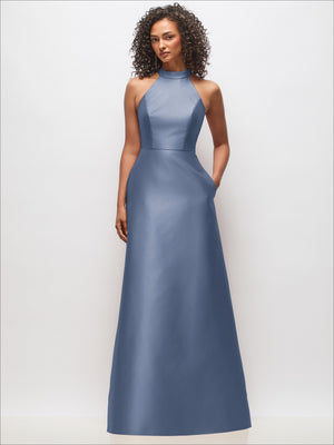 Powder blue high-neck satin dress with back cutout, sleeveless, front view