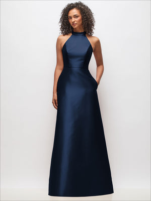High-neck satin cutout dress, dark blue, sleeveless, smooth fitted silhouette