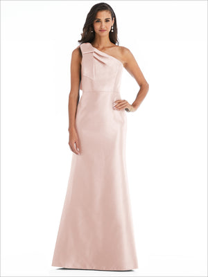 Blush satin one-shoulder trumpet gown with draped bow detail