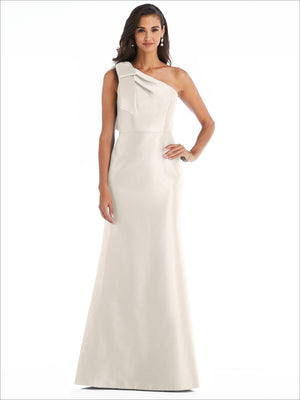 White satin one-shoulder trumpet gown with draped shoulder bow detail