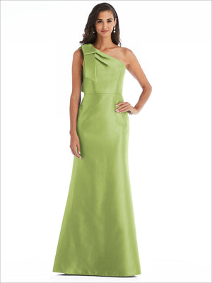 Light green one-shoulder satin trumpet gown with diagonal sash bow at shoulder