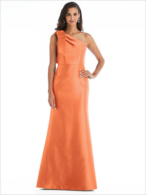 Satin one-shoulder trumpet gown with bow detail, coral-orange one-shoulder