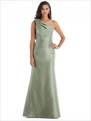 Sage-green satin one-shoulder trumpet gown with asymmetrical neckline and shoulder bow.