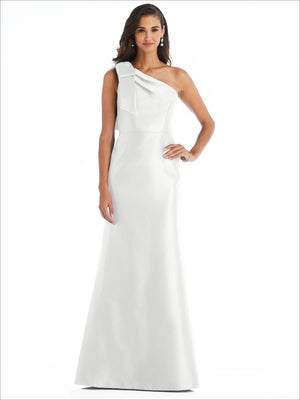 White satin one-shoulder trumpet gown with diagonal drape and bow detail over shoulder