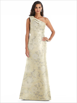 Women's satin one-shoulder floral trumpet gown, pale yellow floral print