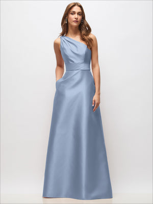 Light blue one-shoulder draped satin maxi dress with cinched waist and full-length skirt.