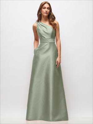 Sage green satin one-shoulder maxi dress with draped bodice and fitted waist