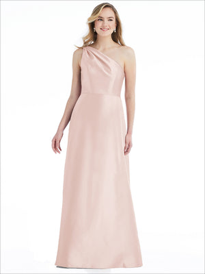 Blush one-shoulder satin maxi dress with smooth drape, fitted waist.