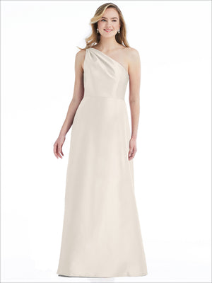 Ivory one-shoulder satin maxi dress with draped diagonal strap and smooth skirt