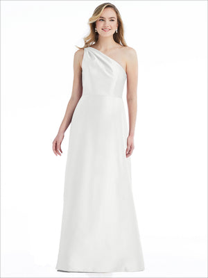 White one-shoulder satin maxi dress, front view with draped diagonal strap