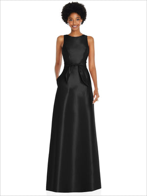 Black sleeveless maxi dress with jewel neckline, V-back, and mini sash waist detail