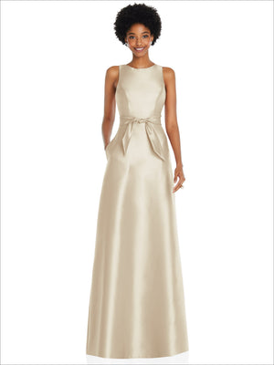 Ivory sleeveless jewel-neck maxi dress with V-back and waist mini sash tie