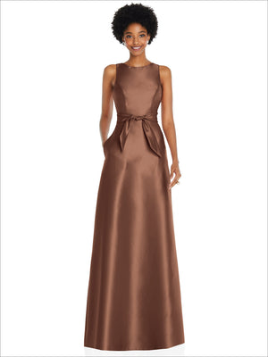 Brown cocoa jewel-neck maxi dress with V-back and waist mini sash tie