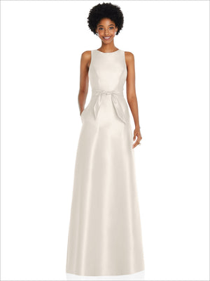 Ivory jewel-neck sleeveless maxi dress with tied waist sash and V-shaped neckline