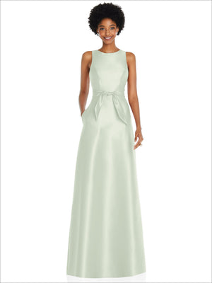 Mint-green jewel-neck maxi dress with back V and tied mini sash, sleeveless