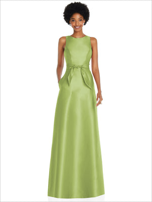 Light green jewel-neck maxi dress with back V and mini sash bow, sleeveless