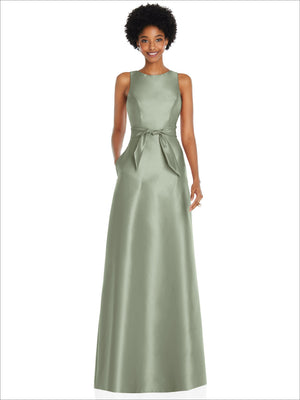 Sage-green jewel-neck maxi dress with back V and tied mini sash, sleeveless