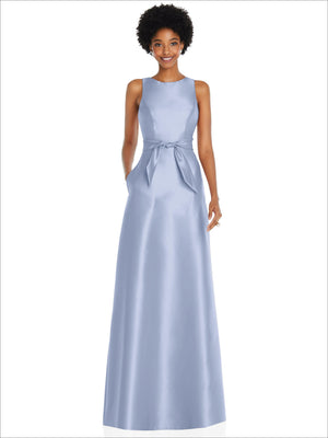 Light blue maxi dress with jewel neckline, V-back, and mini sash bow at waist