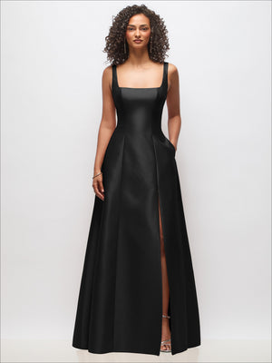 Sleeveless square-neck princess gown, black with side slit