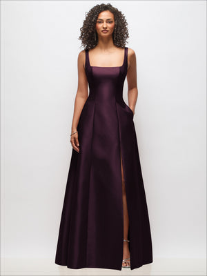 Square-neck sleeveless princess-line gown with pockets, dark plum, full skirt