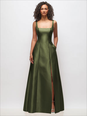 Olive green sleeveless square-neck princess gown with side slit and side pockets
