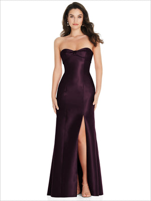 Strapless satin trumpet gown in deep plum with sweetheart neckline and bow detail
