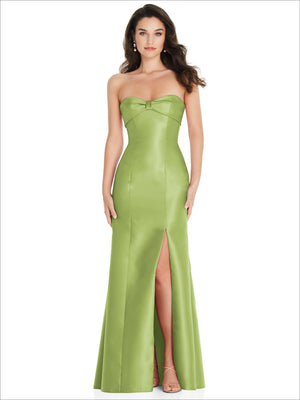 Bright green strapless satin trumpet gown with sweetheart neckline and front slit