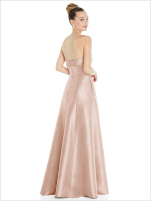 Blush satin strapless ball gown with open back and full A-line skirt