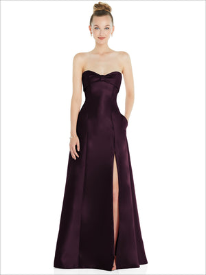 Burgundy satin strapless ball gown with bow bodice and front slit skirt