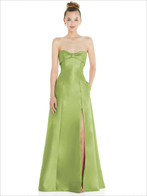 Green strapless satin ball gown with center bow and front slit detail