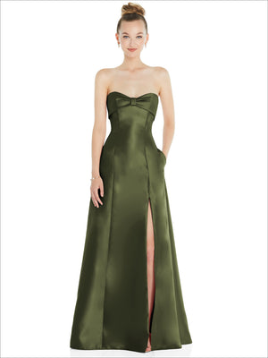 Strapless satin ball gown in olive green, bow-front bodice, front slit