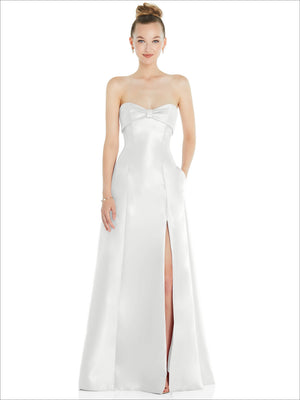 Ivory satin strapless ball gown with bow bodice and front slit