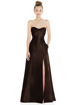 Strapless satin ball gown with bow at bust and front slit, dark brown