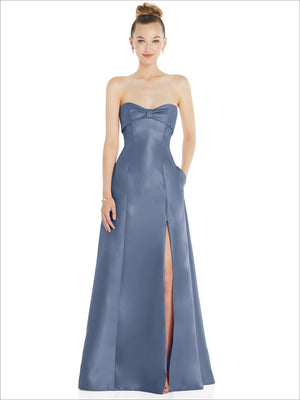 Dusty blue strapless satin ball gown with bow bodice and front slit