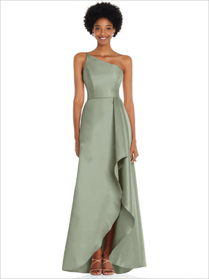 One-shoulder satin gown in sage green with draped front slit and asymmetrical drape
