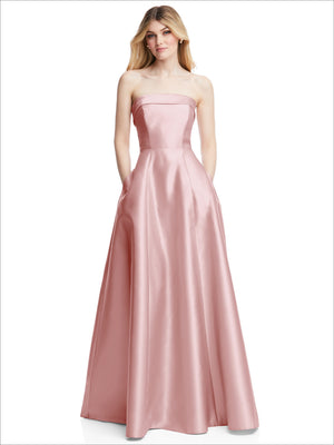 Blush satin strapless gown with fitted bodice and gathered flare skirt