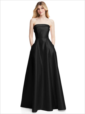 Black strapless satin gown with fitted bodice and full flared skirt