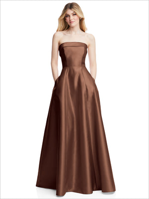 Cocoa satin strapless gown with fitted bodice and flared skirt