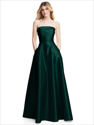 Dark green strapless satin gown with corset-style bodice and sweeping A-line skirt