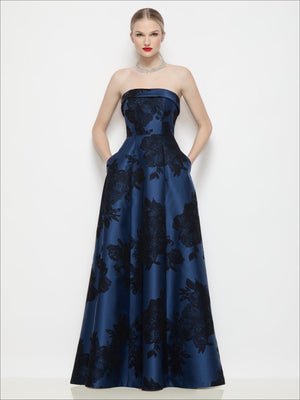 D843FFT strapless dress in dark navy with black floral print, full A-line skirt