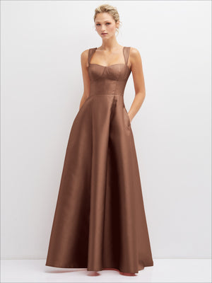 Cognac satin bustier dress with spaghetti straps and full gathered skirt