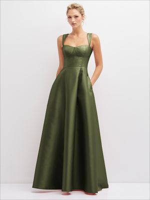 Olive satin bustier dress with spaghetti straps and gathered full skirt