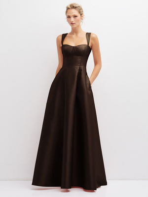 Black satin bustier dress with full skirt and spaghetti straps