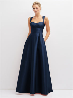 Navy satin bustier dress with square neckline and full skirt