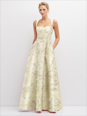 Cream floral satin bustier dress with spaghetti straps and full A-line skirt