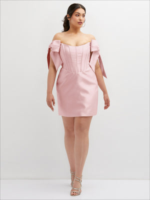 Satin off-the-shoulder bow corset mini dress with draped sleeves, light ivory